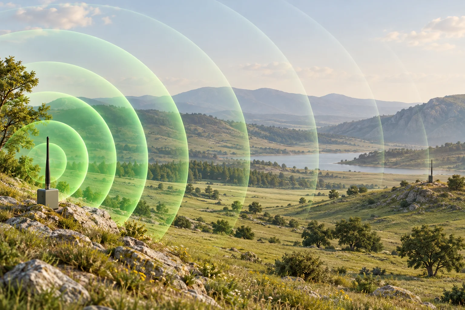 Expanding green radio wavefronts spreading from an antenna toward a distant receiver across an open valley