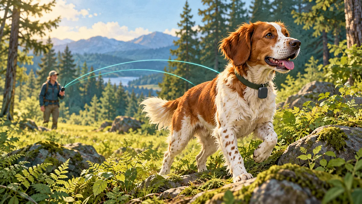 A dog in a woodland clearing with a collar tag and a distant owner holding a receiver.