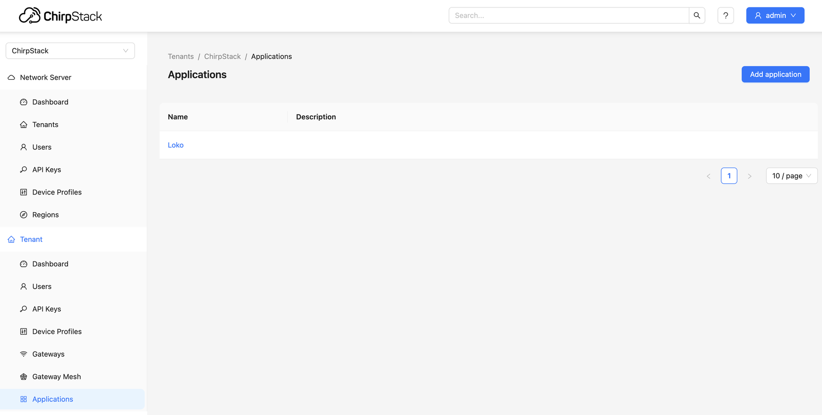 ChirpStack Applications list with the Add application button