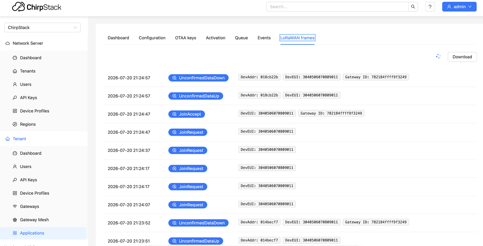 ChirpStack device LoRaWAN frames showing JoinRequest and JoinAccept