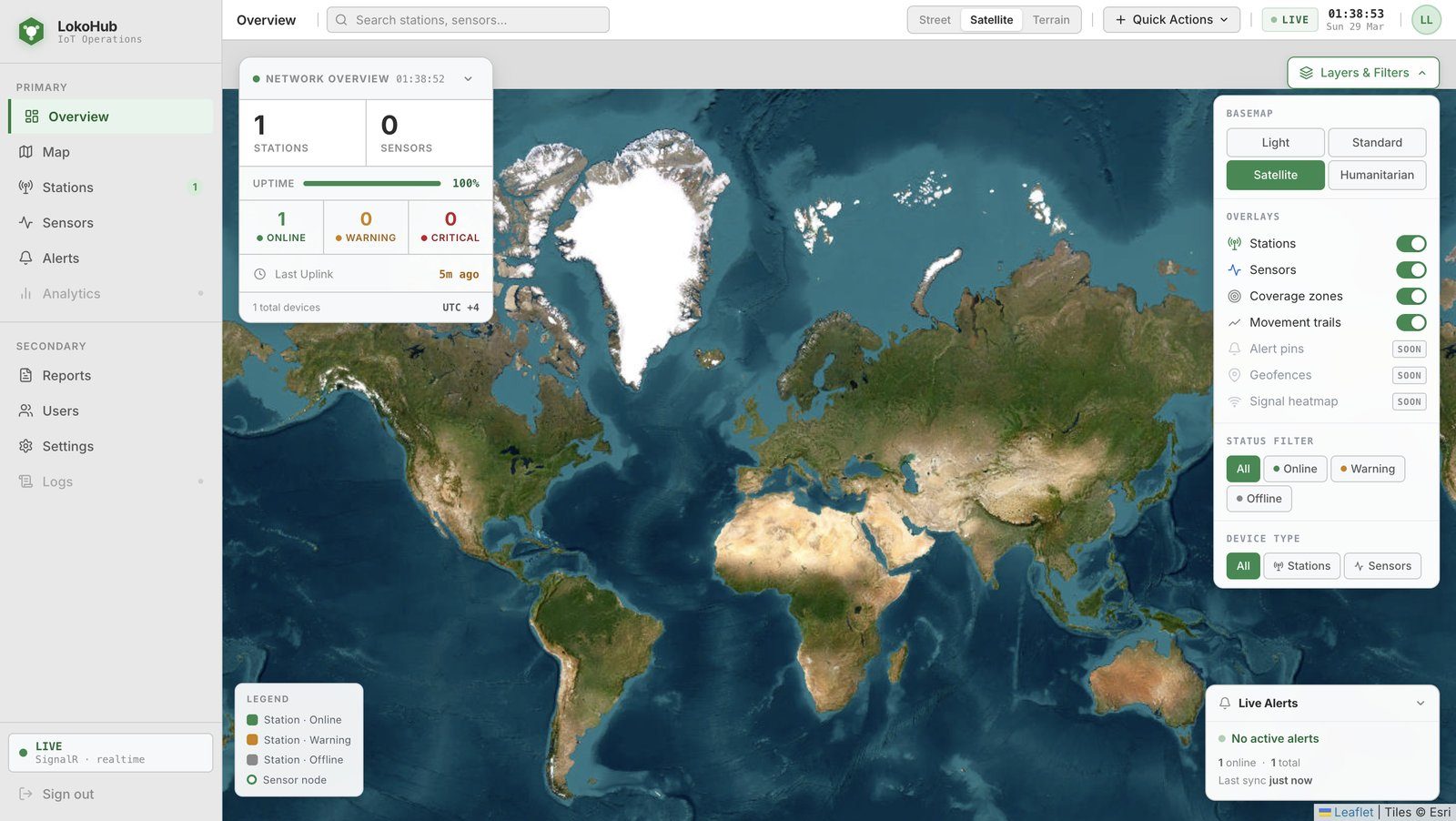 LokoHUB web dashboard showing a satellite world map with station and sensor overlays, a network overview panel with uptime and uplink status, and a live alerts panel