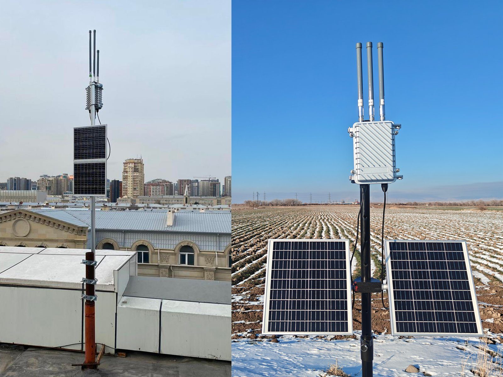 Two LokoHUB deployments side by side: a mast-mounted station on a city rooftop, and a twin-solar-panel station in a snow-covered ploughed field