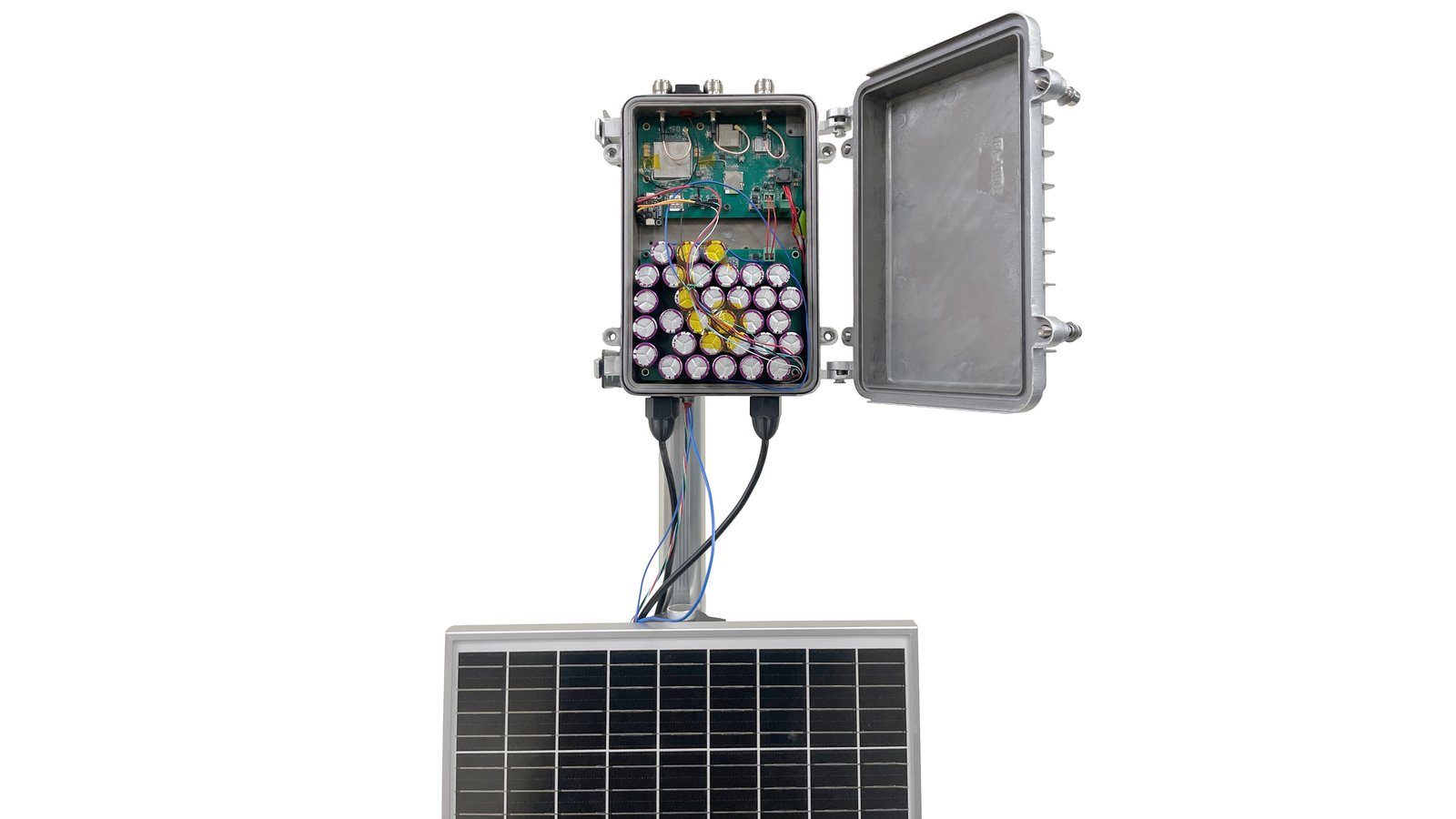 LokoHUB station open on a pole mount, showing the internal boards and supercapacitor bank above its solar panel