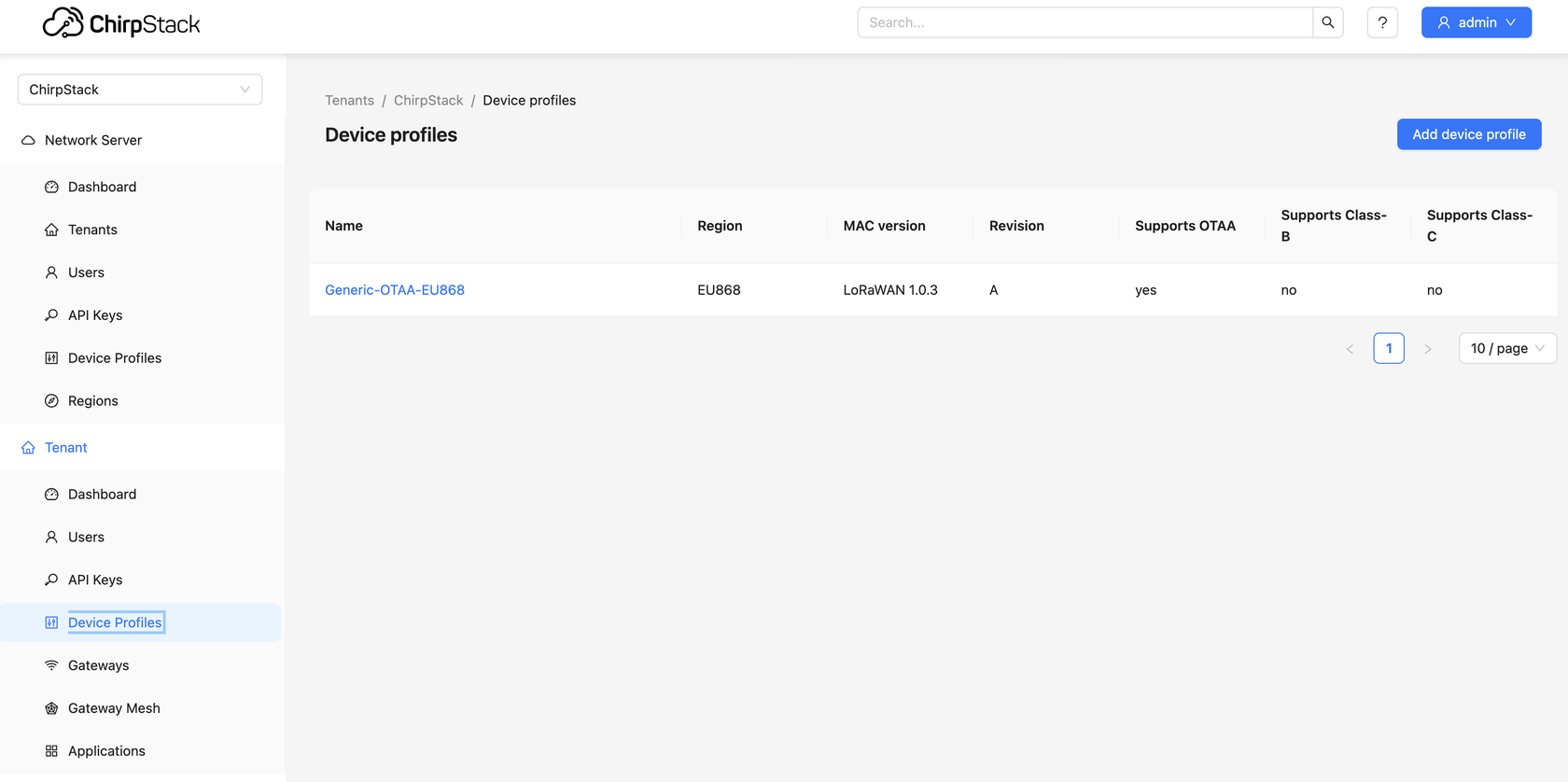 ChirpStack Device profiles list with the Add device profile button