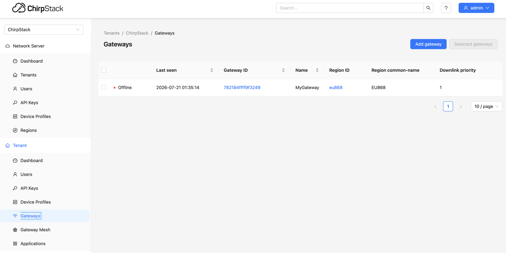 ChirpStack Gateways list showing gateway ID and online status