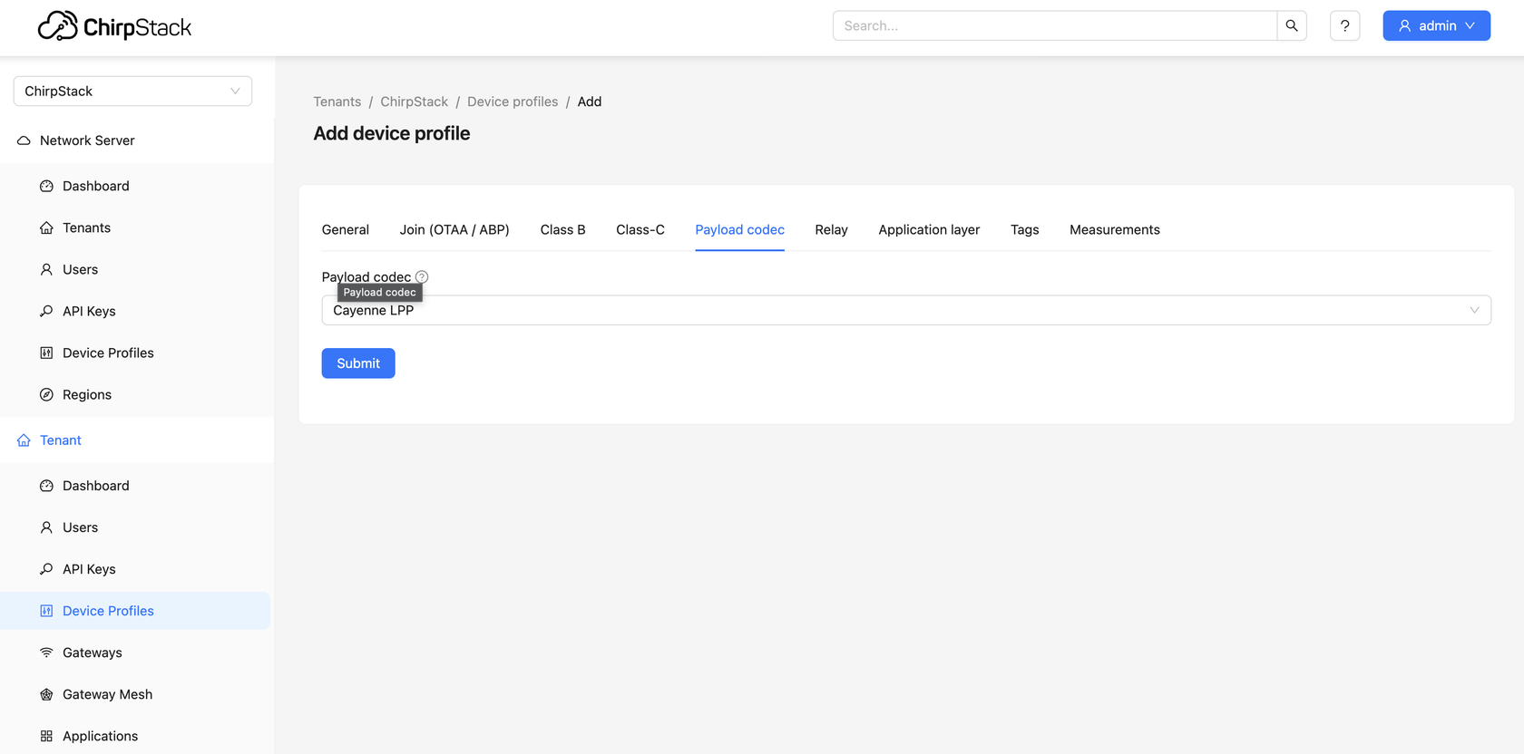 ChirpStack device profile Payload codec tab set to Cayenne LPP