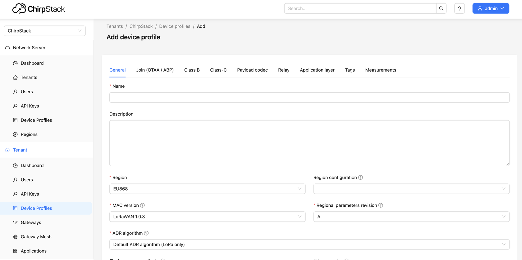 ChirpStack Add device profile General tab with name, region and MAC version