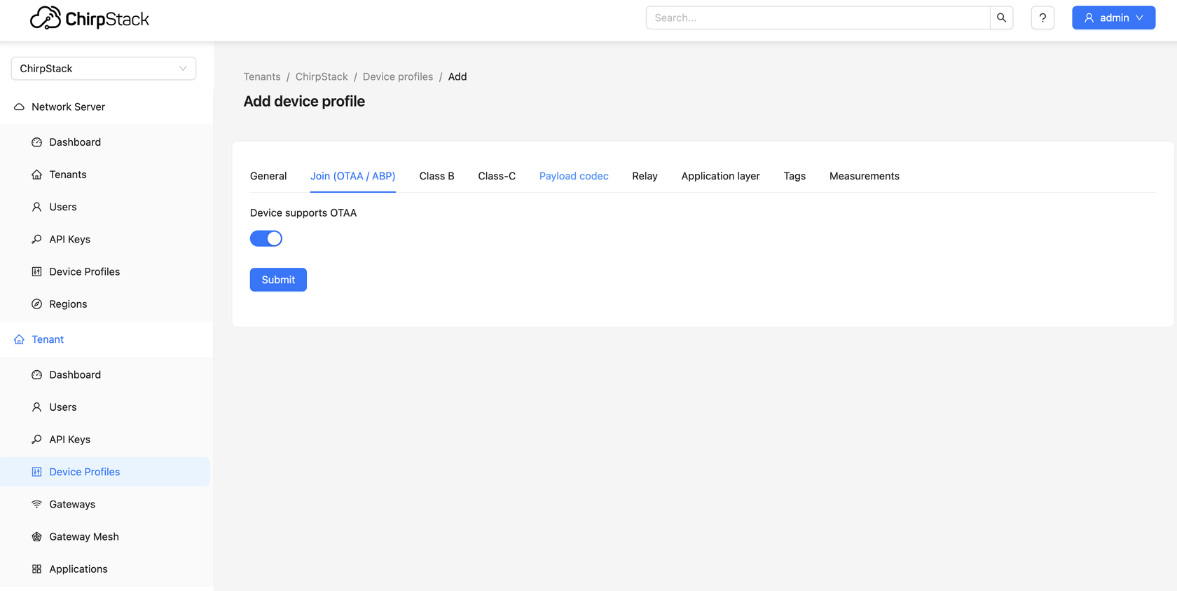 ChirpStack device profile Join OTAA tab with Device supports OTAA enabled