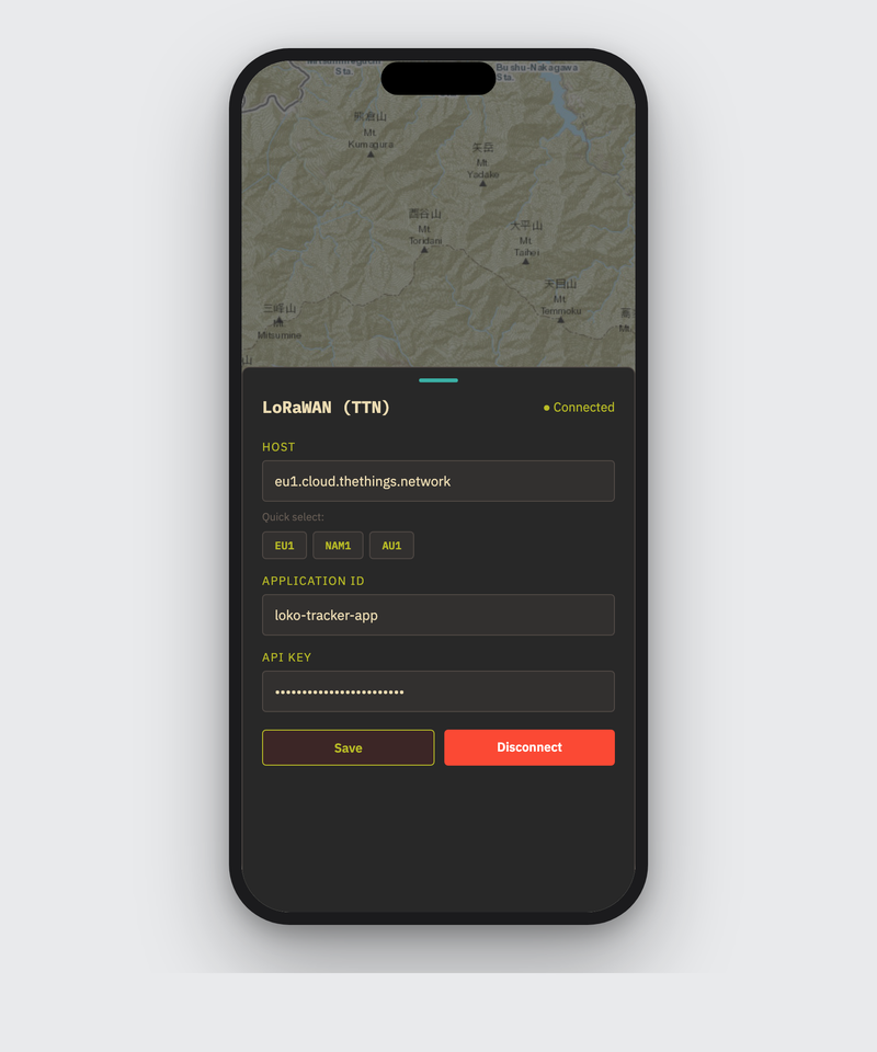 Loko app LoRaWAN settings sheet