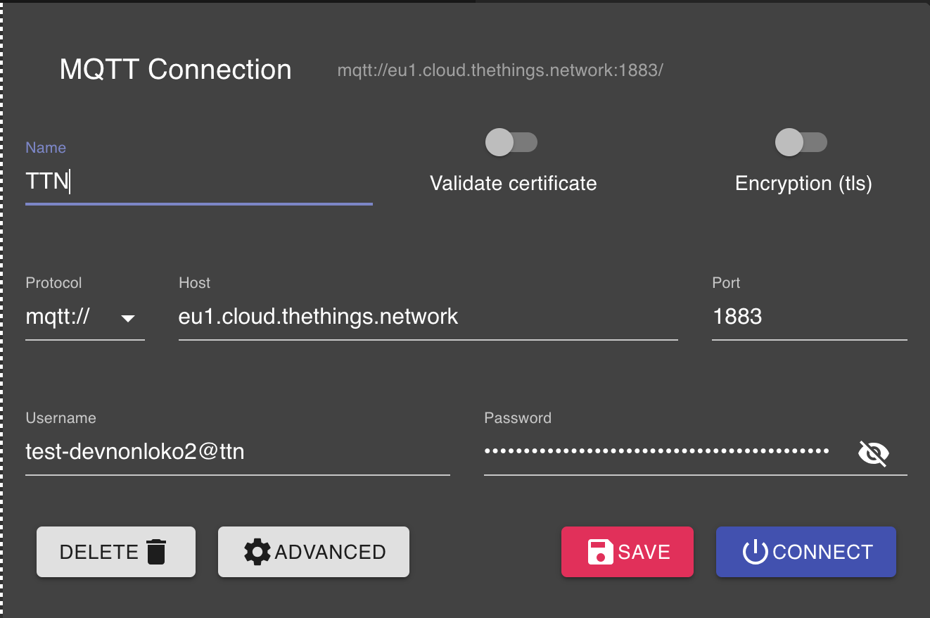 MQTT Explorer connection settings for TTN