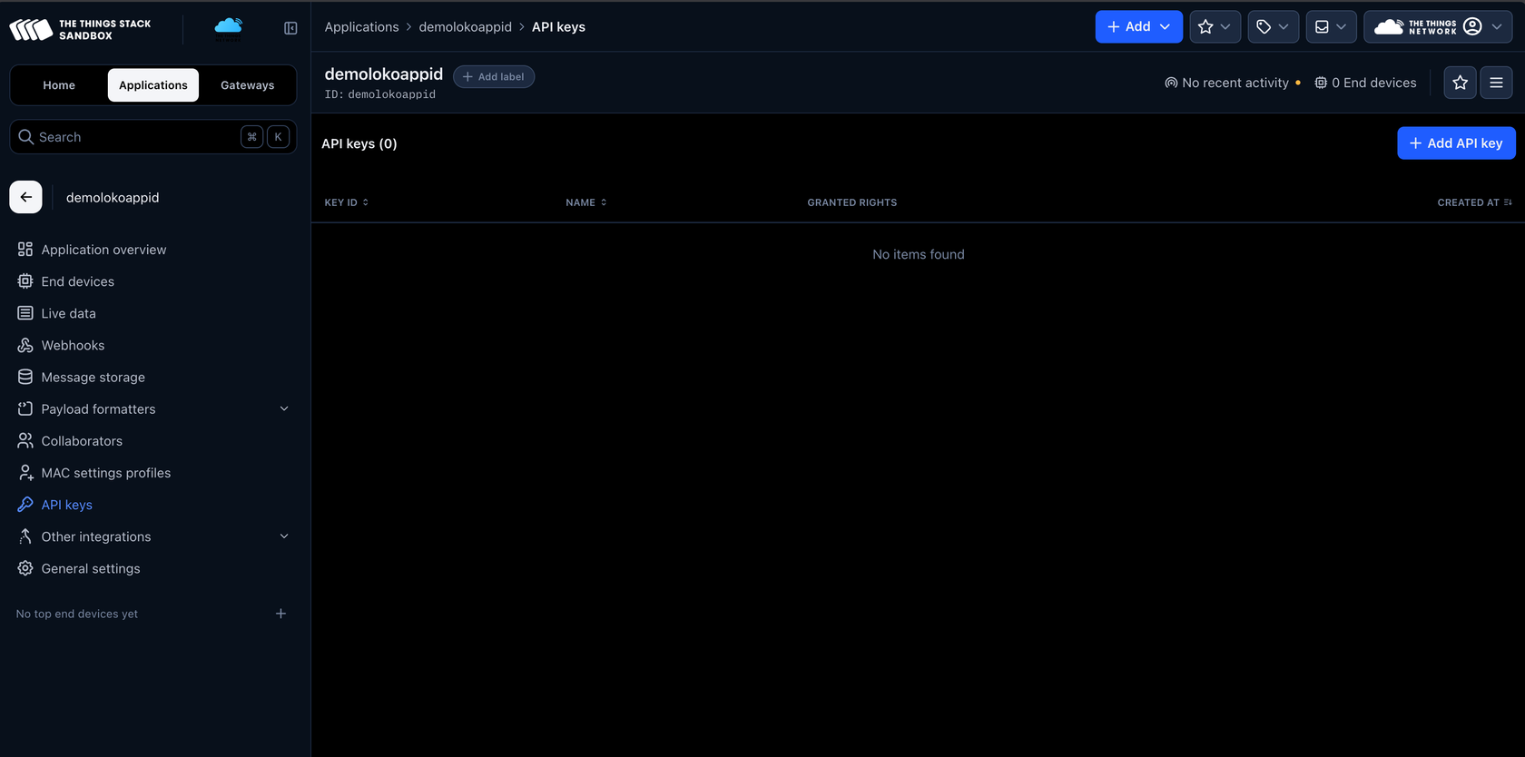 TTN API keys page