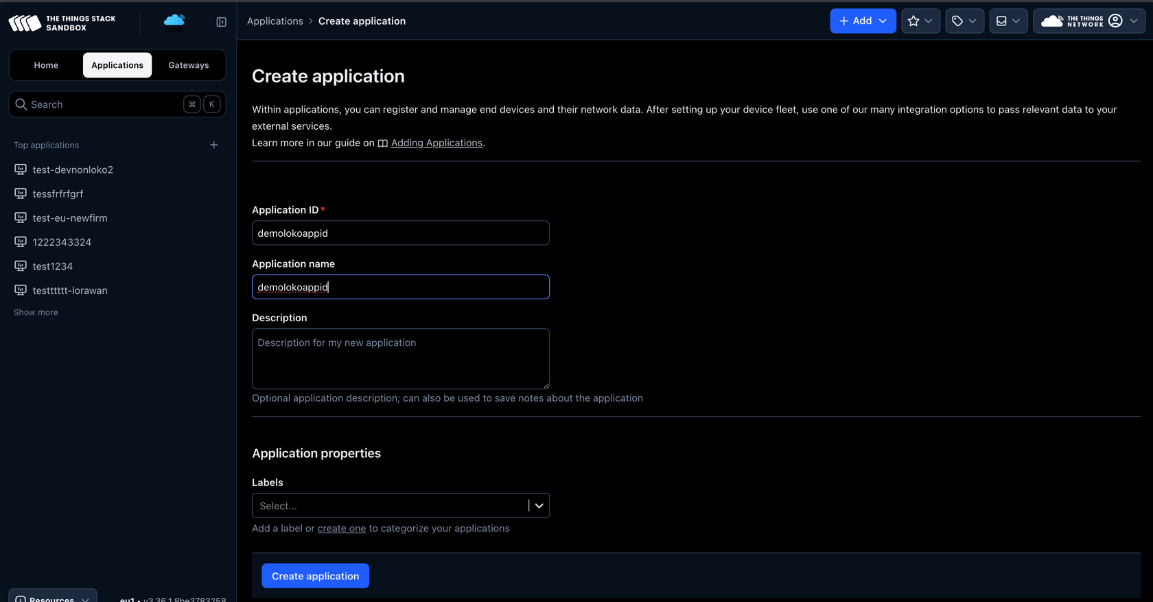 TTN Create application page