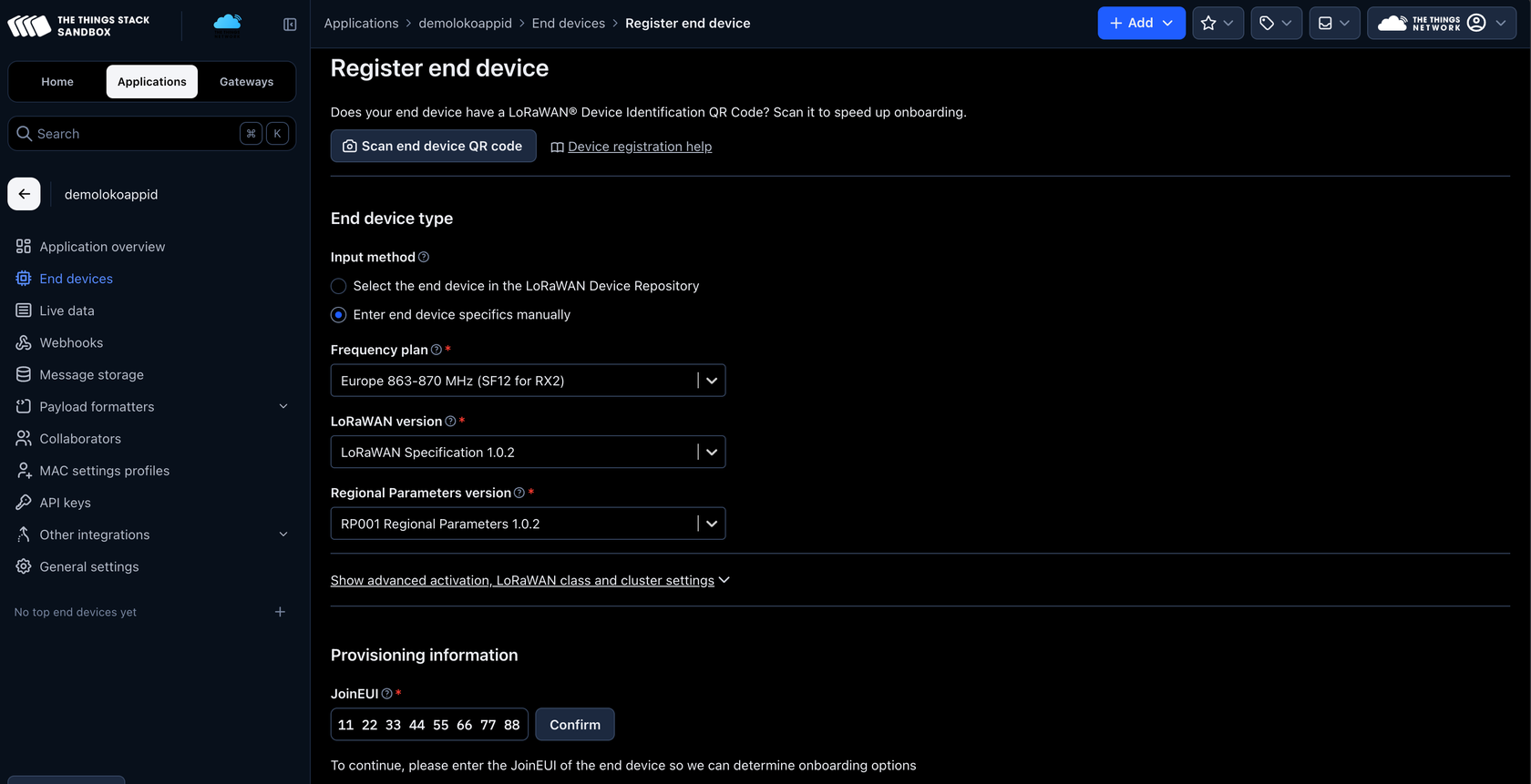 TTN Register end device page